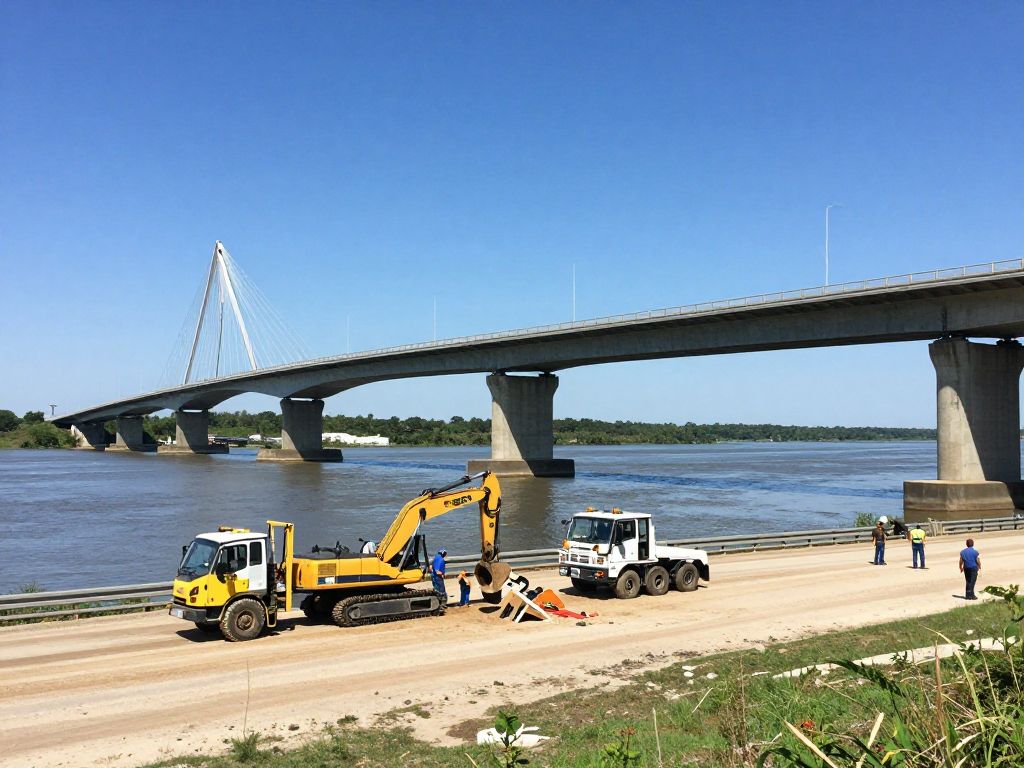 Construction workers repairing the Sand Bar Ferry Road bridge over the Savannah River