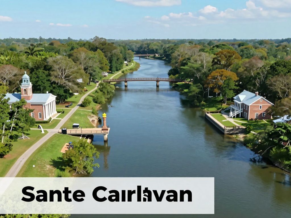 A scenic view of the Santee Canal with lush greenery and historical context representing South Carolina's heritage.