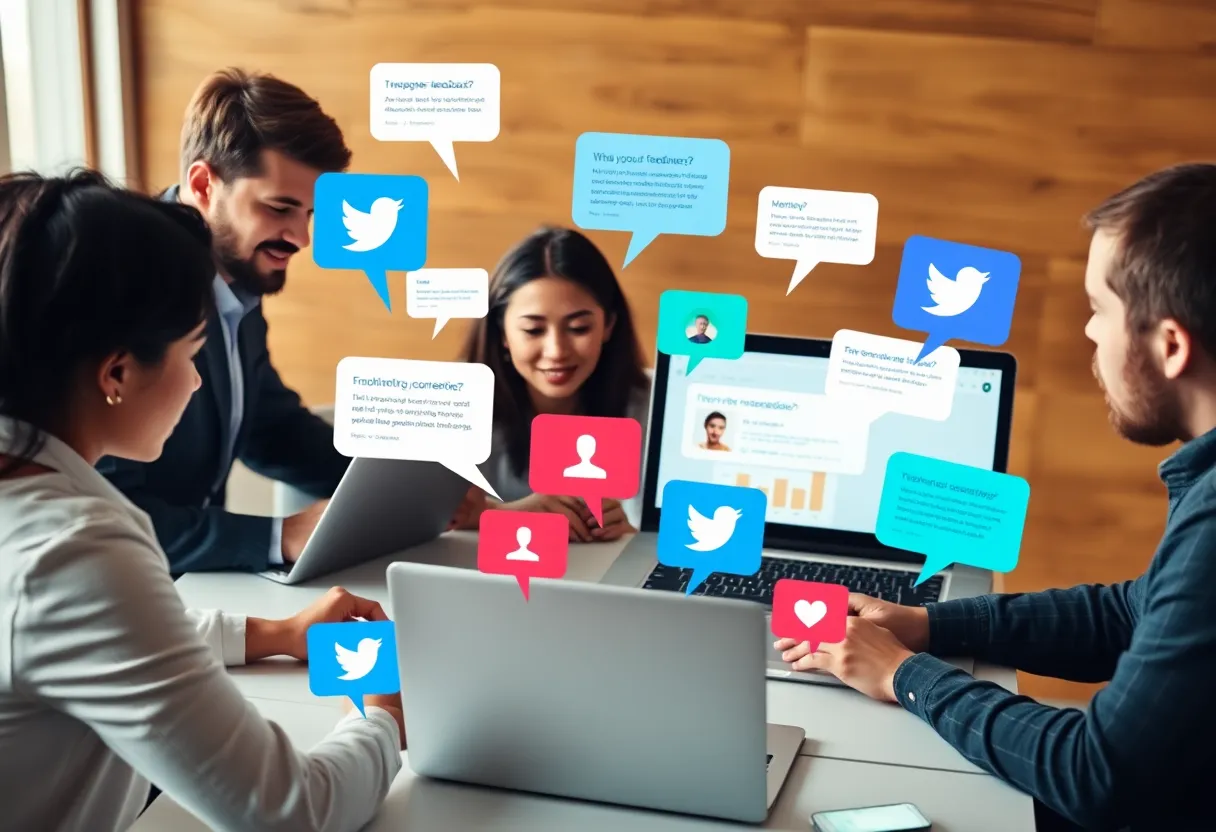 A group of marketers collaborating over sentiment analysis data and digital tools.