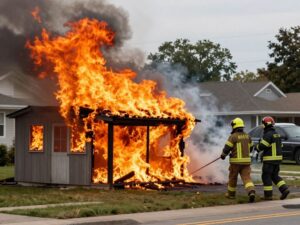 Firefighters battling a shed fire in Aiken County