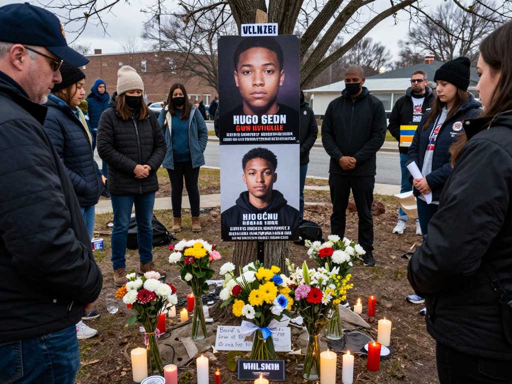 Community members gathering at a memorial vigil for a shooting victim.
