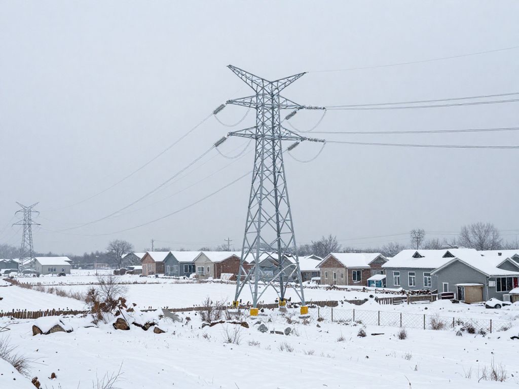 Winter scene depicting snow and ice affecting power lines.