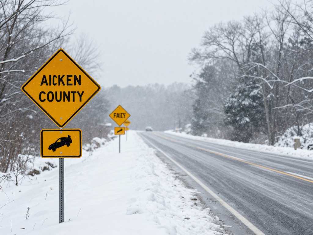 Hazardous winter storm conditions in Aiken County with snow-covered roads.