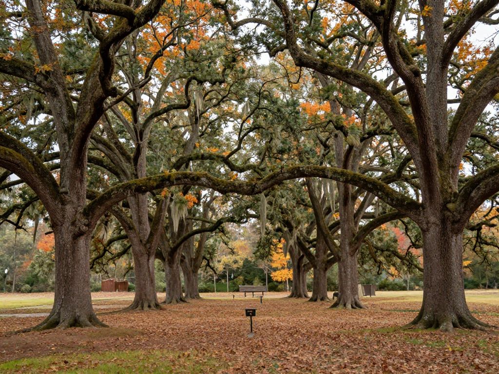 Autumn view of oak trees in Aiken, South Carolina.