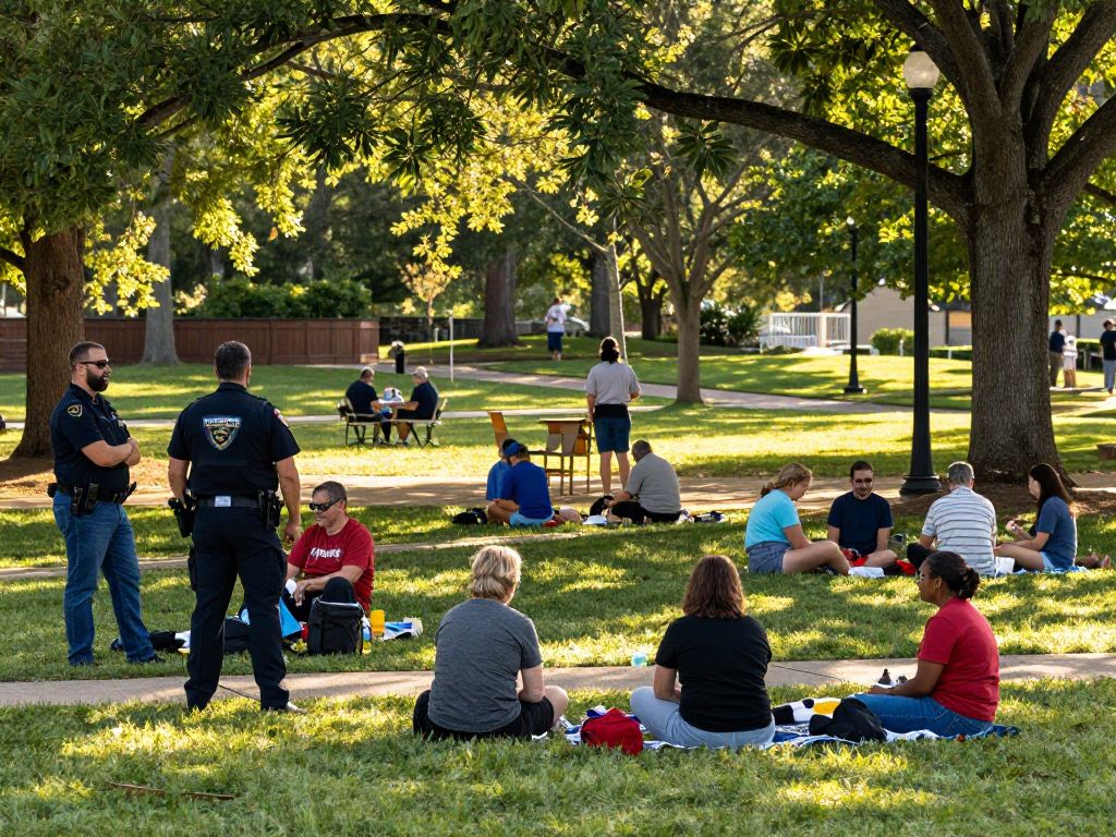 People enjoying a sunny day at a park in Aiken SC, promoting community safety.