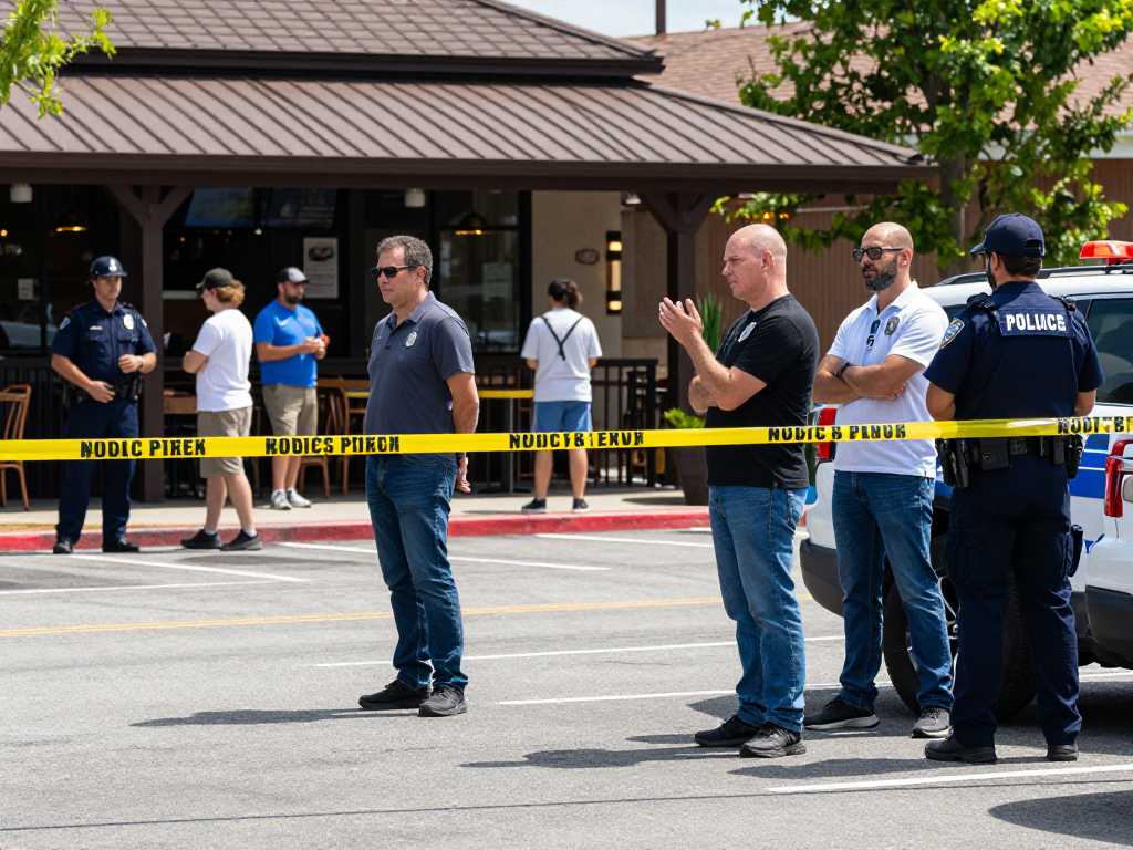Scene in Aiken restaurant parking lot indicating police presence after gun incident