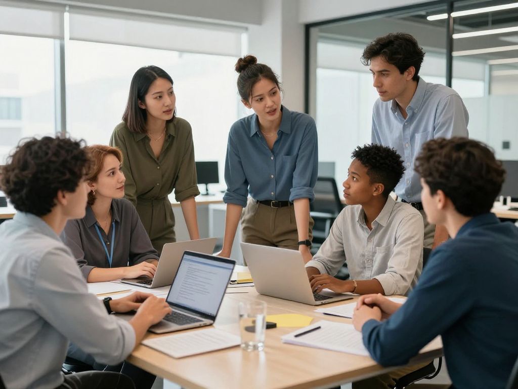 Group of entrepreneurs discussing business strategies in a modern office