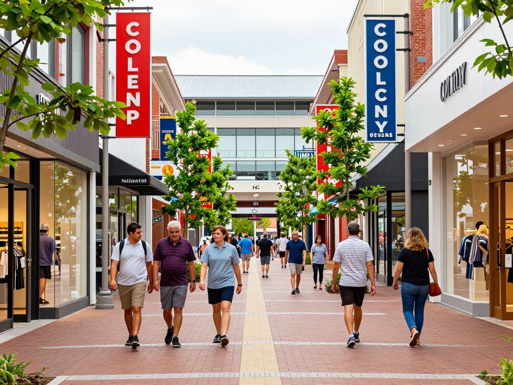 Shoppers at Colony Plaza in South Augusta with various retail stores in view.