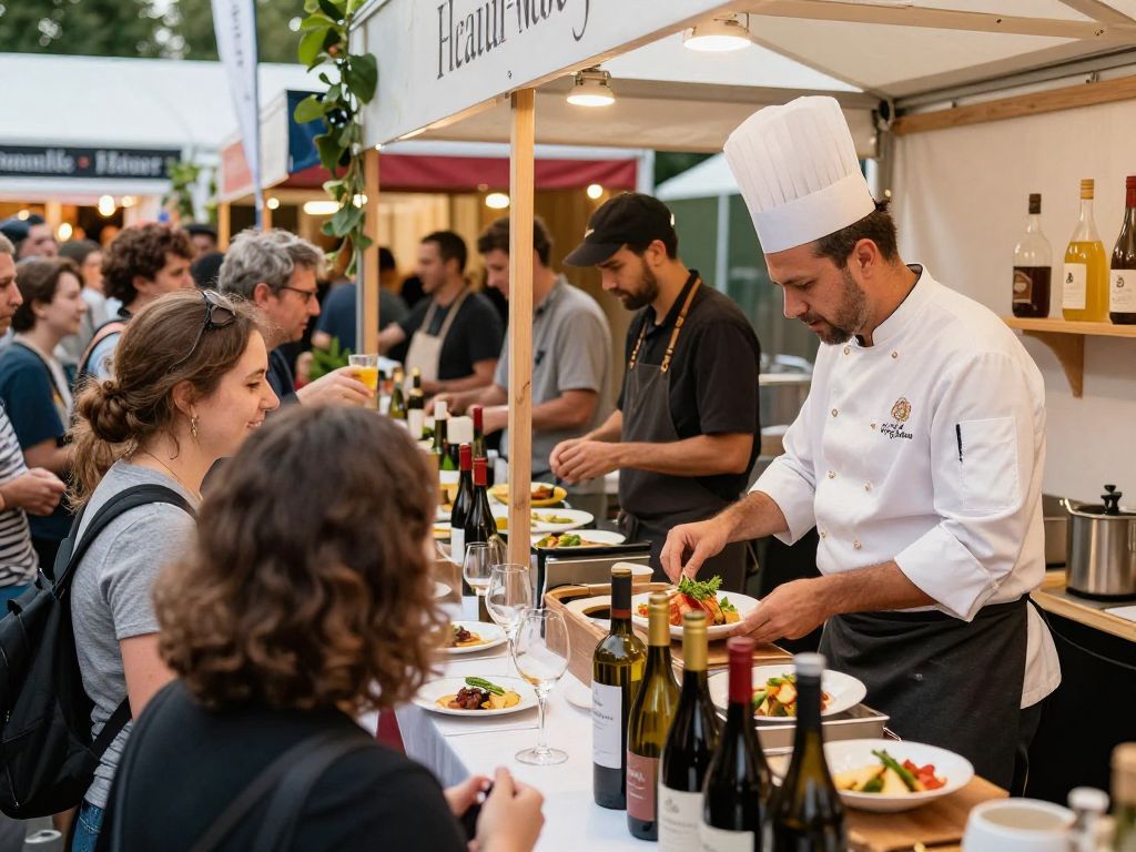 Attendees enjoying food and wine at the Columbia Food and Wine Festival.