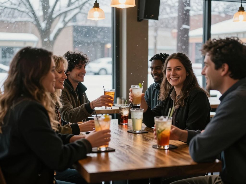 Patrons at a bar in Columbia SC during winter, enjoying drinks.