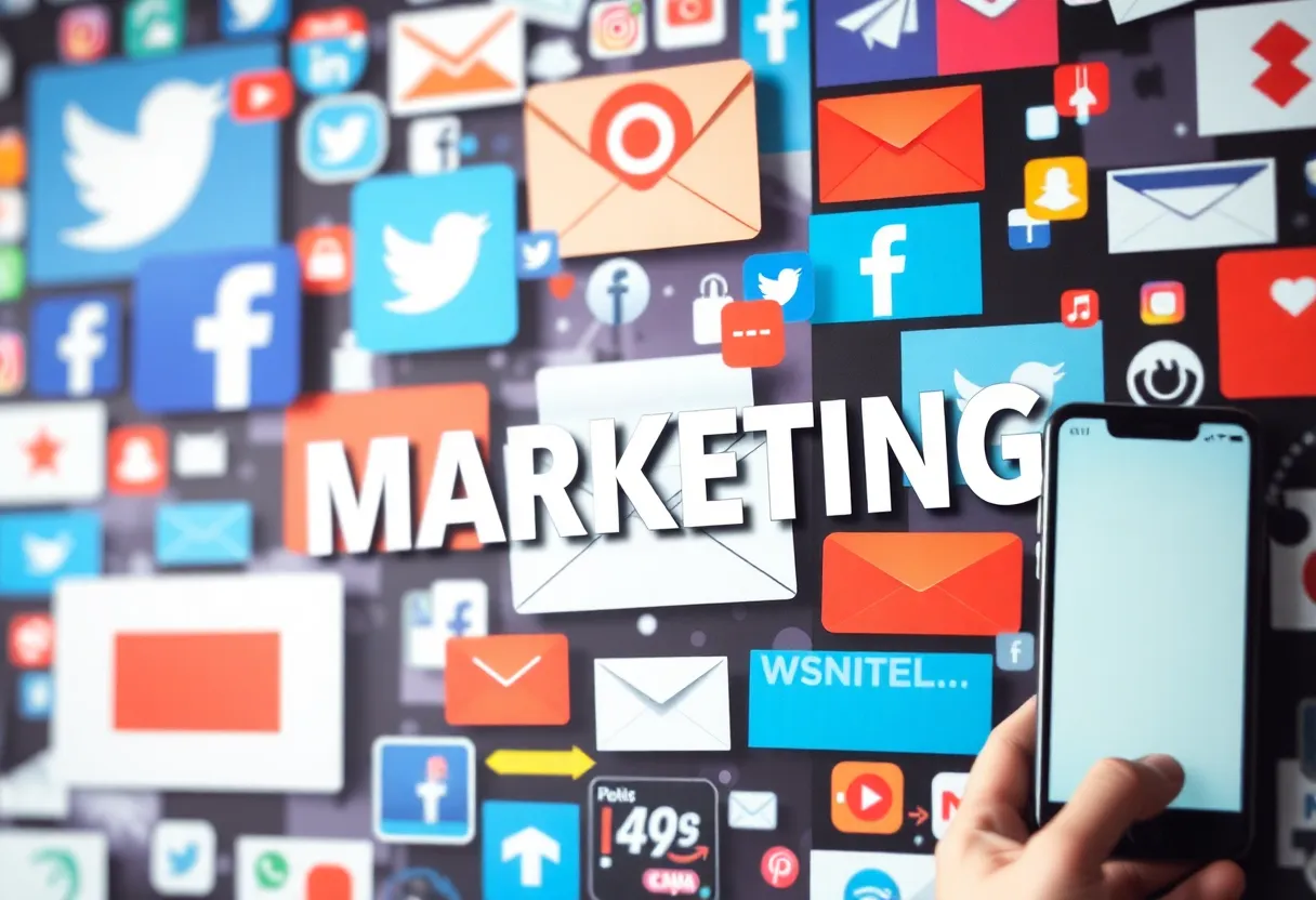 Visual representation of cross-channel marketing with social media, email, and mobile apps.