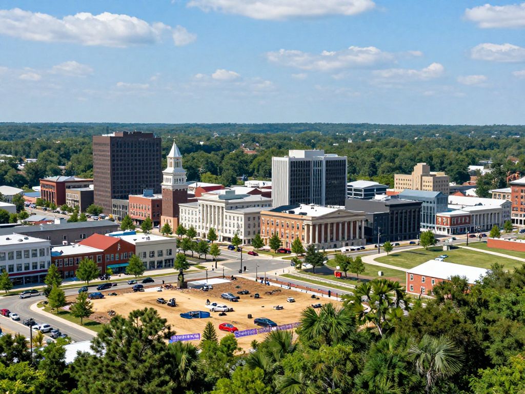 A scenic view of Aiken, South Carolina with ongoing development projects in the background.