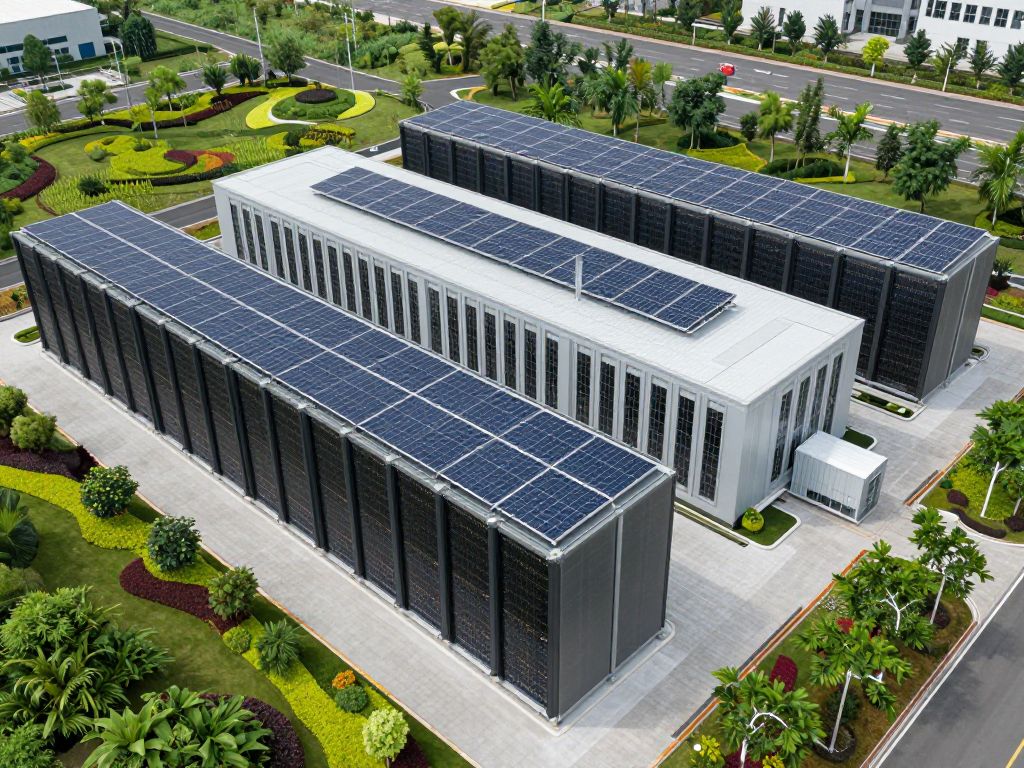 Futuristic data center with solar panels and greenery