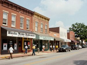 Vibrant street scene of historic Black-owned businesses in Augusta, Georgia