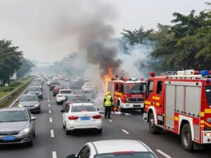Emergency response vehicles attending to a vehicle fire on I-20