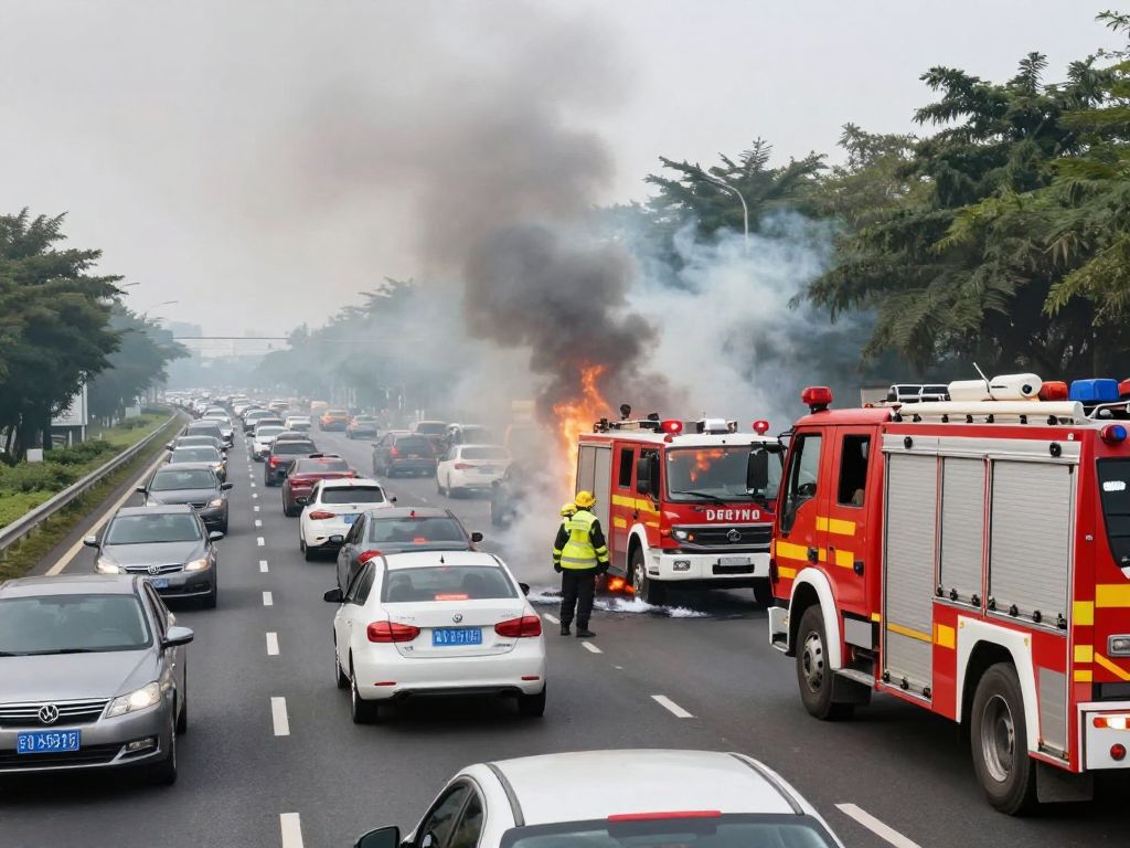 Emergency response vehicles attending to a vehicle fire on I-20