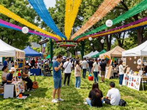 A lively scene from a Midlands festival showcasing music, art, and food.