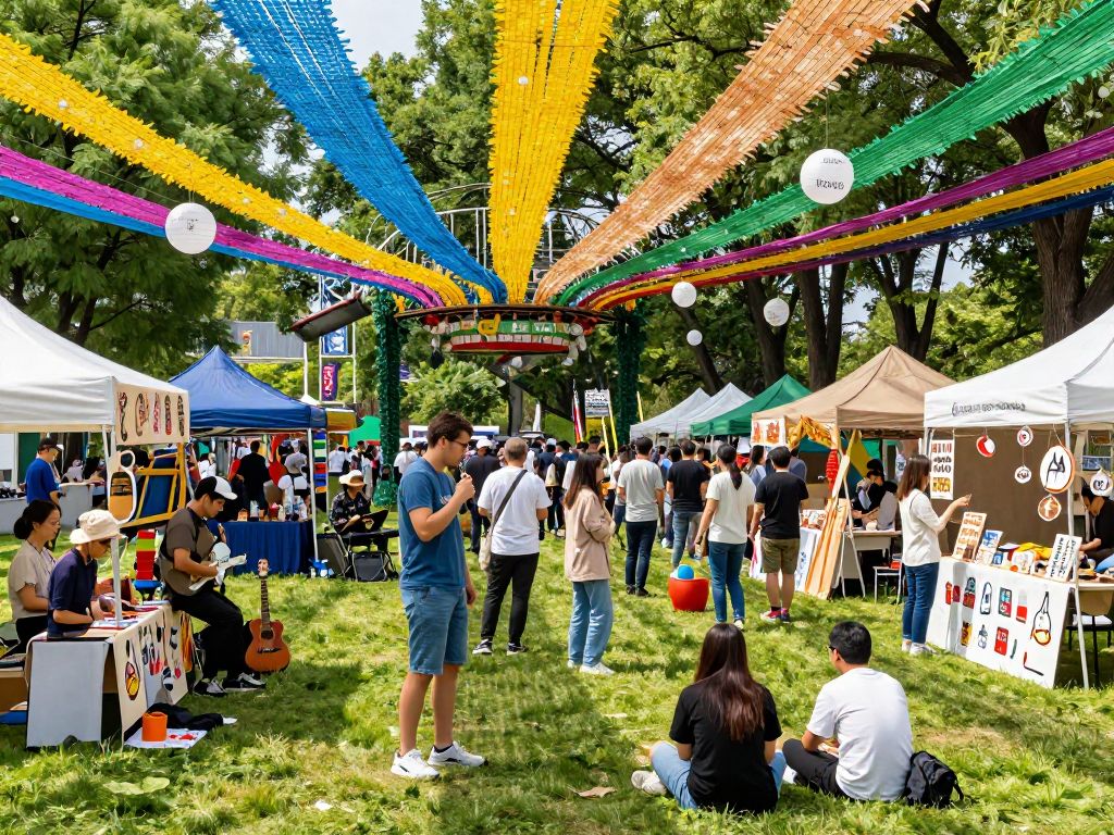 A lively scene from a Midlands festival showcasing music, art, and food.