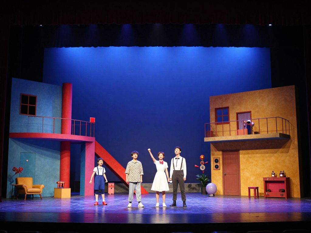 Actors performing an original play on a vibrant theater stage.