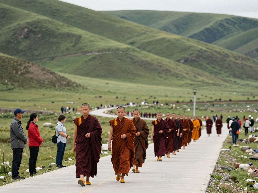 Buddhist monks participating in the Walk for Peace along a scenic route.