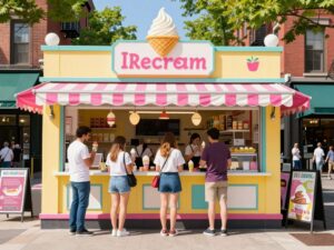 A vibrant ice cream parlor in downtown Aiken, with people enjoying ice cream.