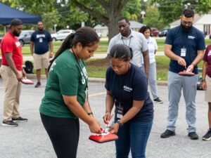 Volunteers in North Augusta training for AED usage and CPR.