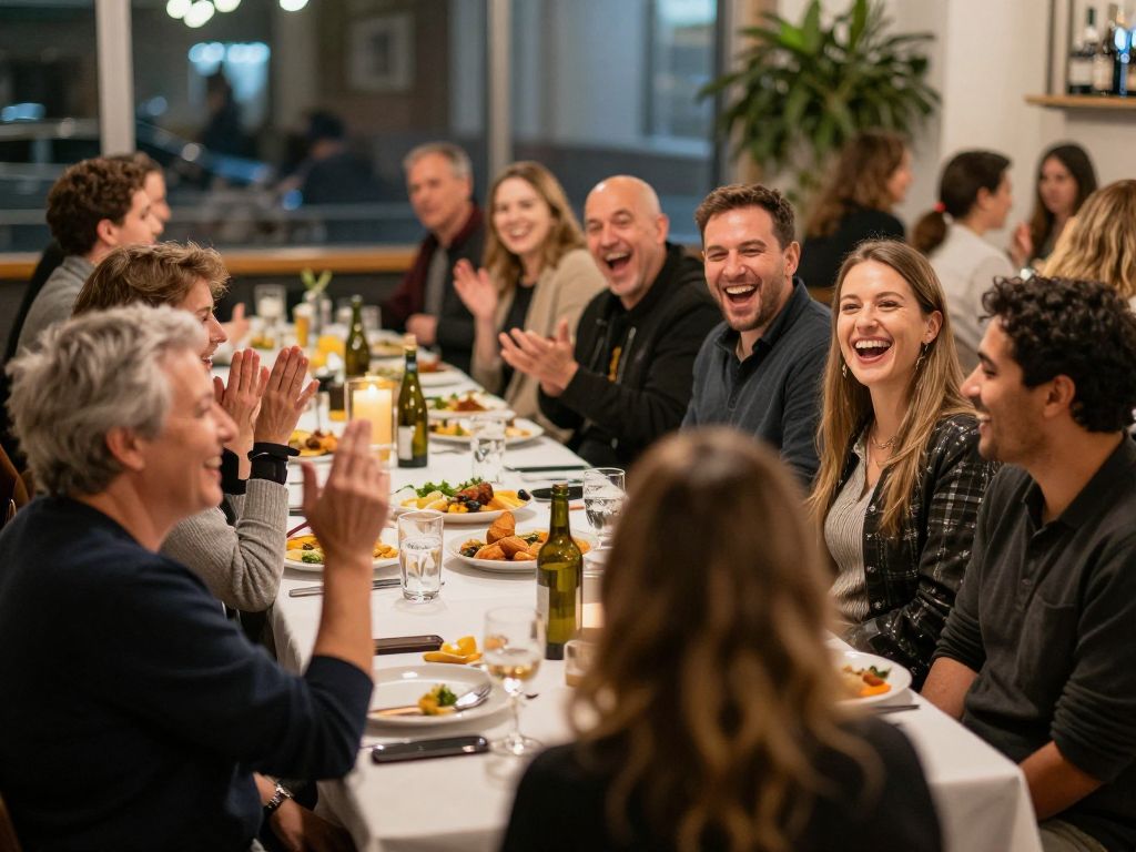 Community members enjoying a comedy dinner fundraiser for mentorship program.