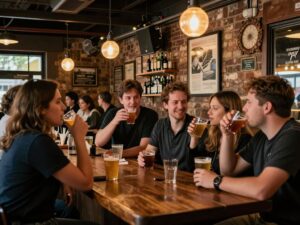 Interior of Ruckers dive bar with patrons socializing