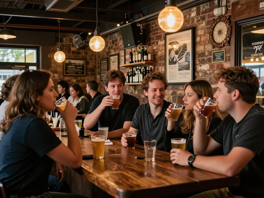 Interior of Ruckers dive bar with patrons socializing