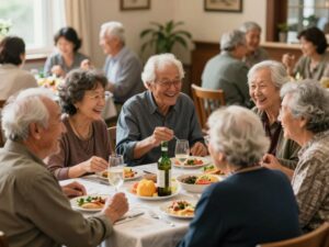 Seniors participating in a congregate dining service, smiling and engaging with each other.