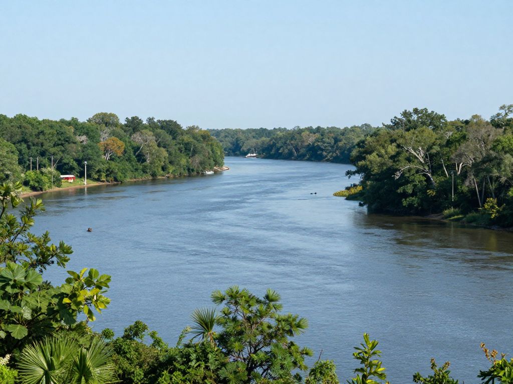 A view of a river in South Carolina depicting nature and signs of industrial impact.