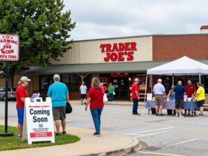 Community scene in Columbia County with Trader Joe's Coming Soon sign