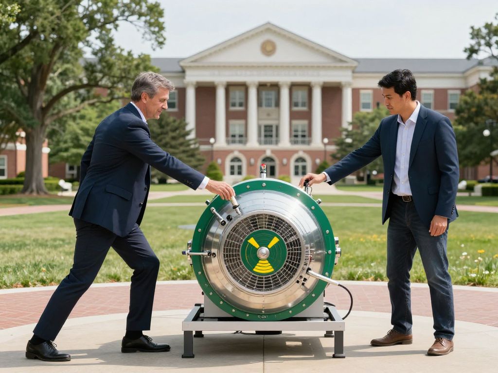 A university-industry partnership scene representing advanced nuclear technology collaboration.