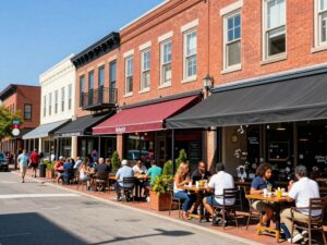 A street view of downtown Columbia, South Carolina featuring new restaurants and busy diners.