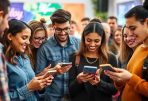 People engaging with social media on various devices