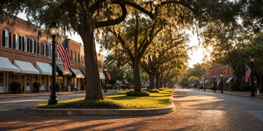 Downtown Aiken, South Carolina - tree-lined parkway with historic brick storefronts