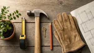 Home maintenance and gardening tools flat lay